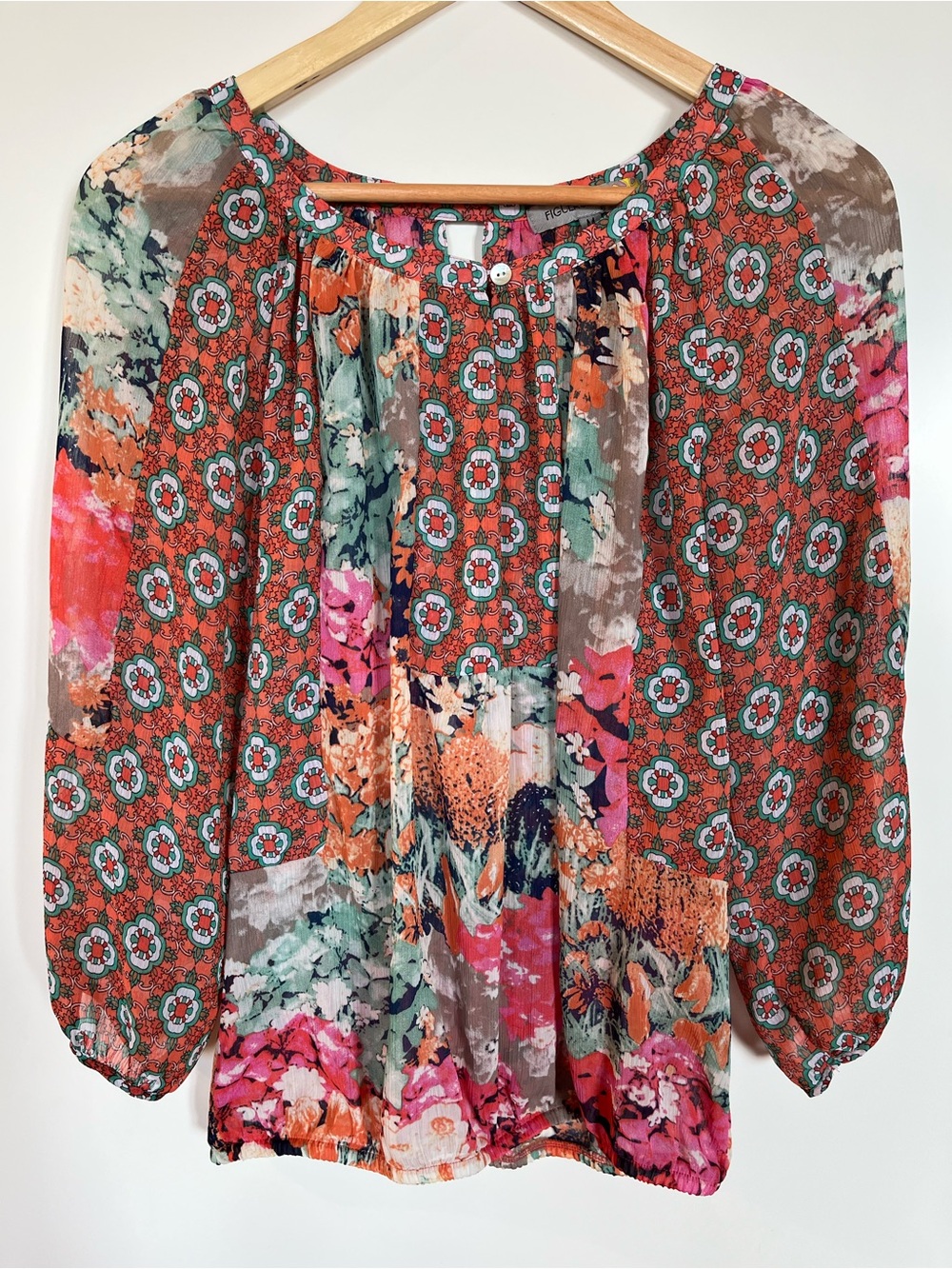 Figueroa & Flower Mixed Print Boho Patchwork Blouse Sheer Medium